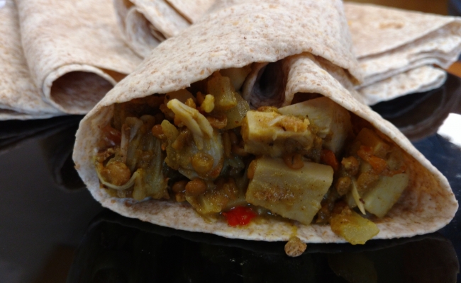 Curried jackfruit and Lentil Wrap